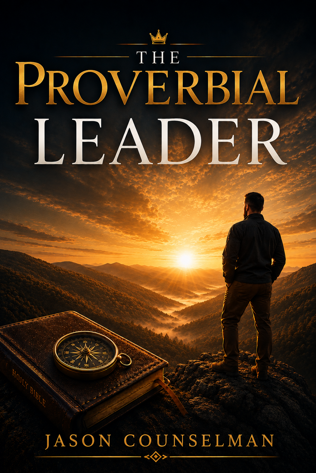 The Proverbial Leader book cover by Jason Counselman: a leader overlooking mountains at sunrise, with a Bible and compass.